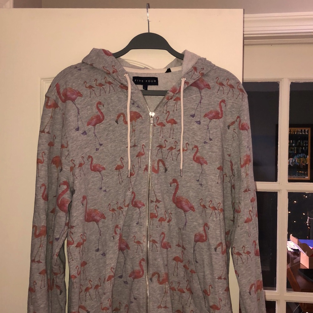 Light zipup hoodie, light gray with flamingo print